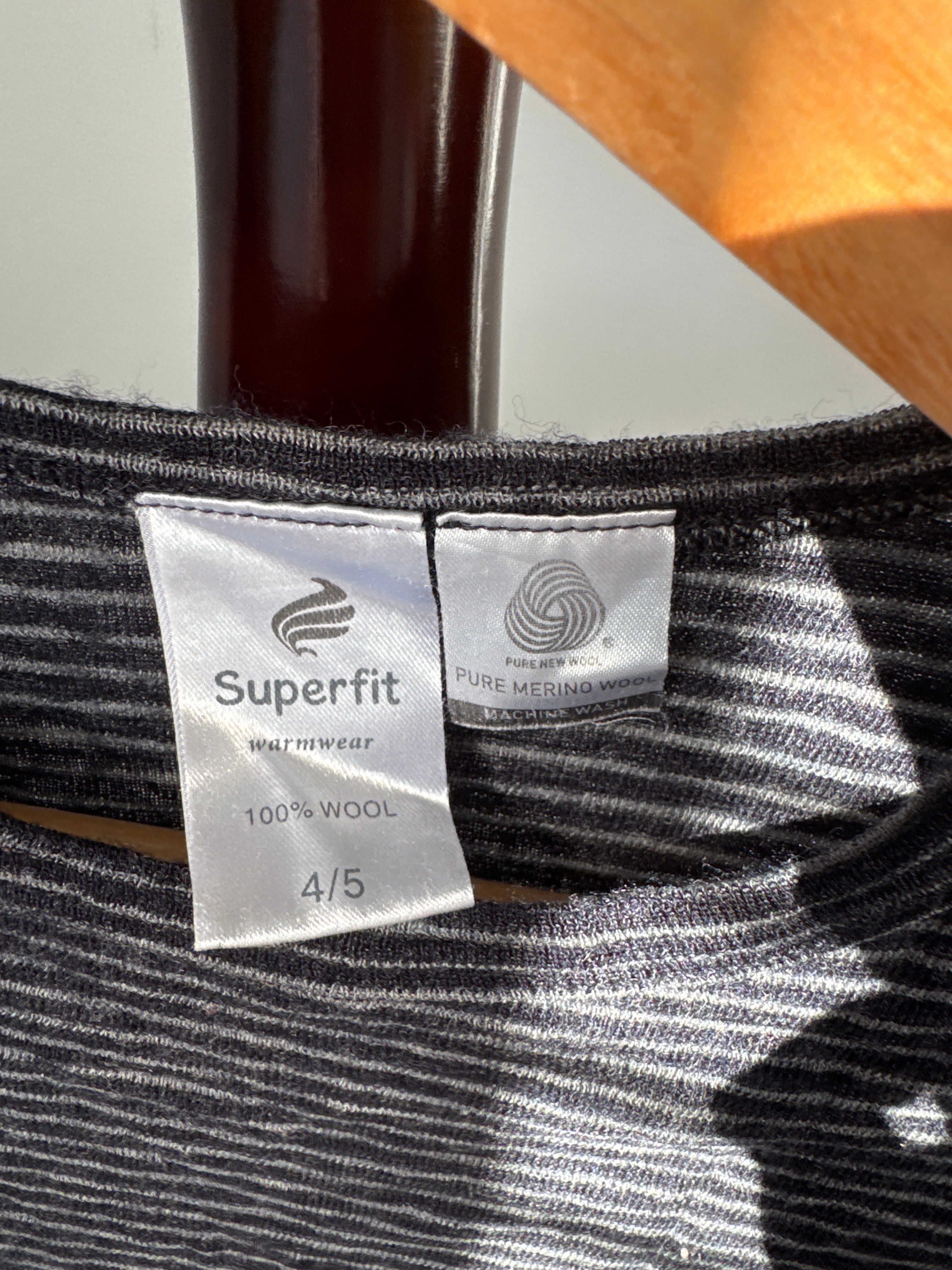 .Superfit Kids Size 4/5 Black & Grey Striped 100% Merino Wool Top