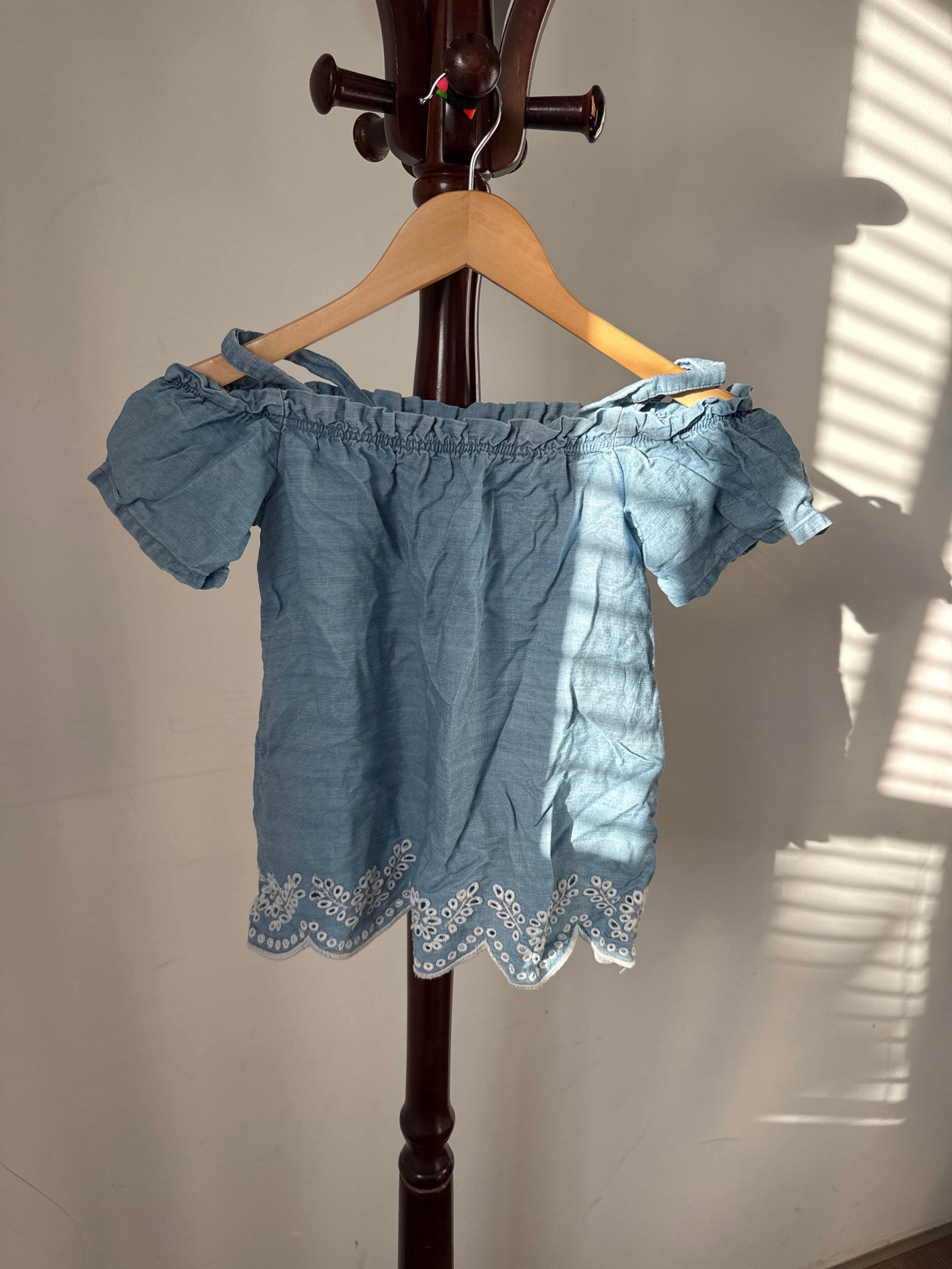 Mac + Ellie Girls Light Blue Gingham Off-The-Shoulder Top