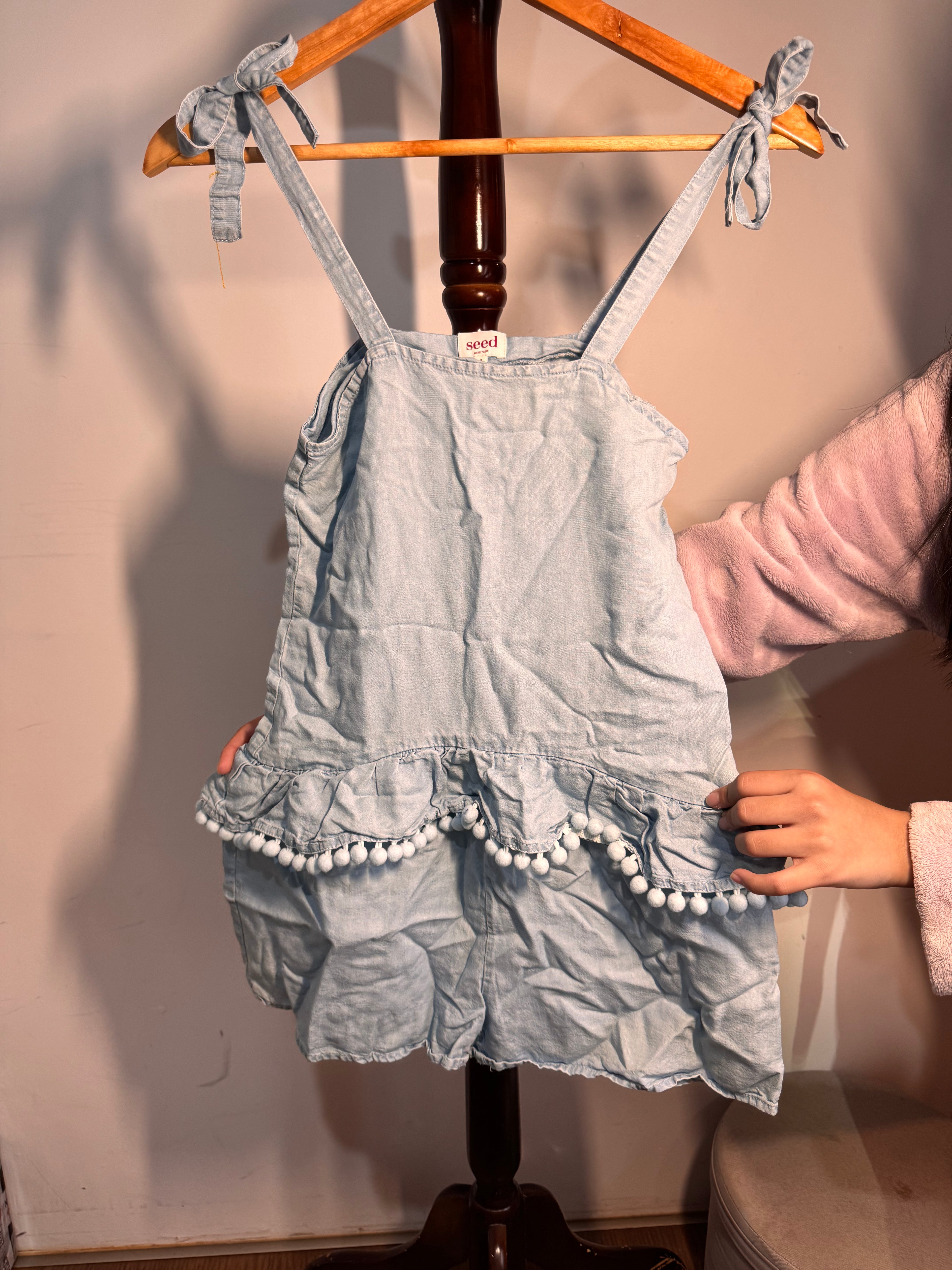 Seed Blue overalls with pom-poms