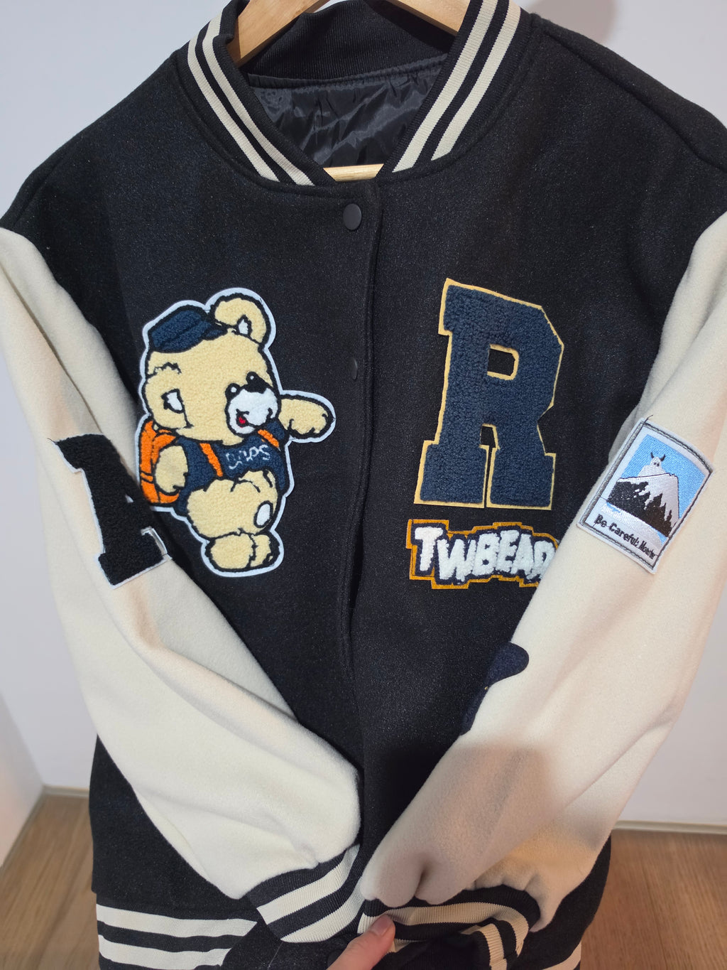 Kids’ Black & Cream Teddy Bear Varsity Jacket M