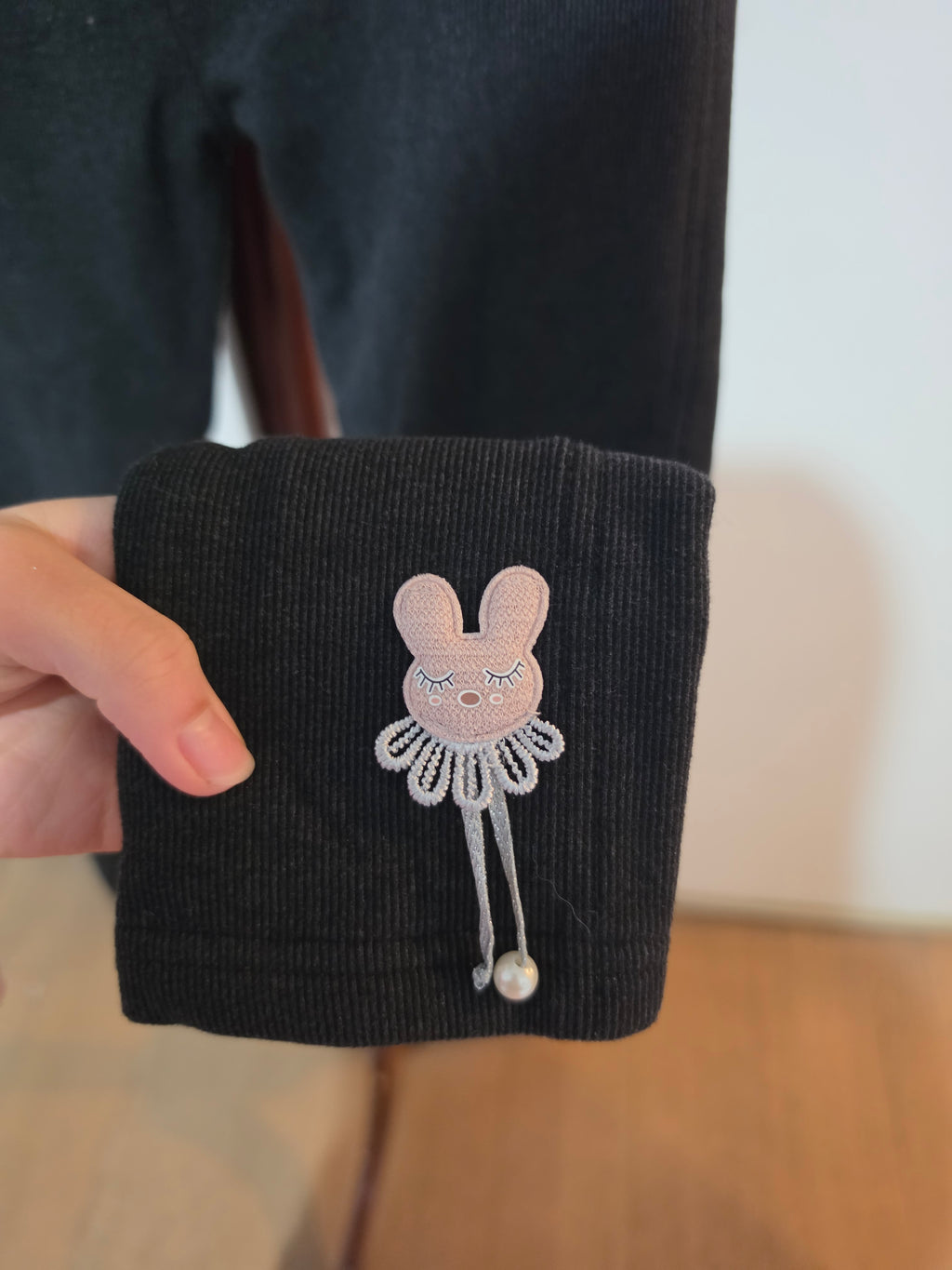 Girls’ Black Ribbed Leggings with Bunny