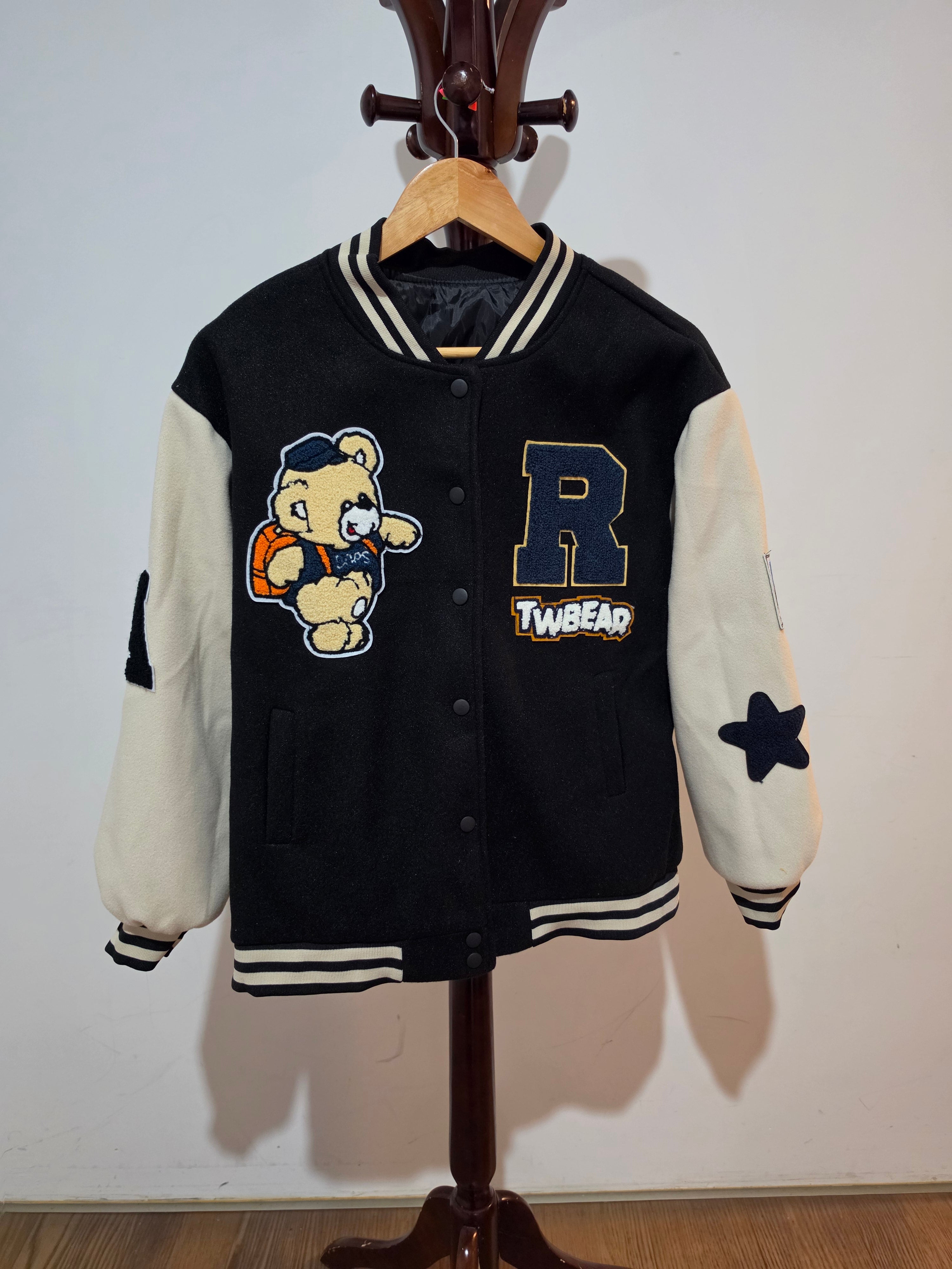 Kids’ Black & Cream Teddy Bear Varsity Jacket M